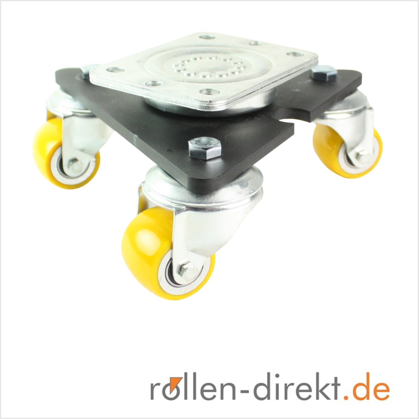mini-Schwerlast Drehteller mit 3 gelben Rollen in Detailsansicht. Lauffläche ist ballig rund.