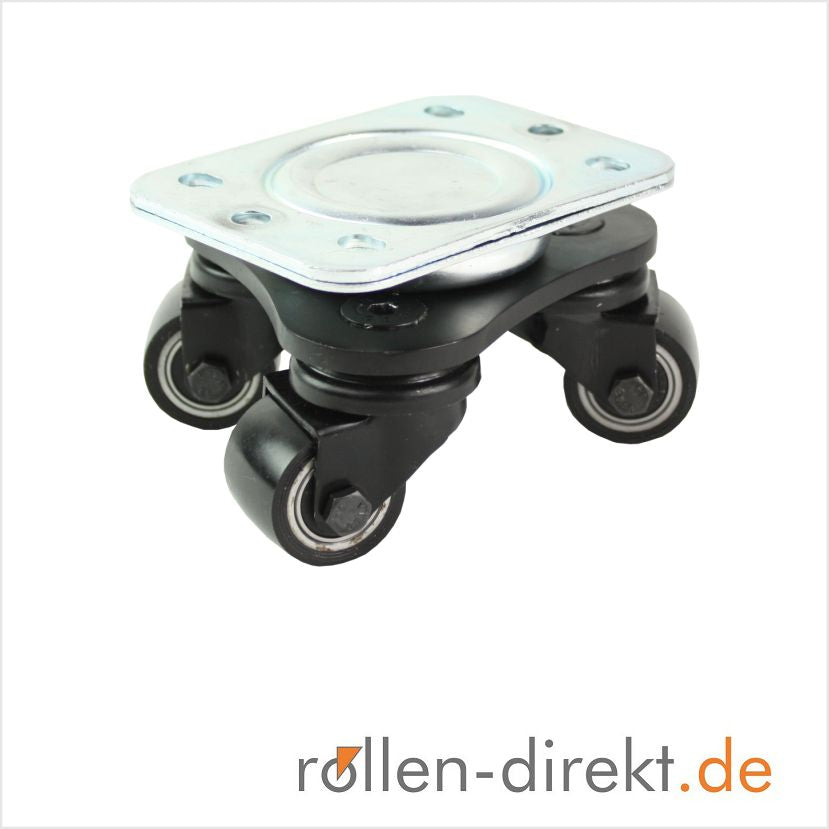35 mm Schwarzer Mini-Schwerlast-Drehteller mit schwarzen Polyurethan-Rädern – unauffälliges Design und verschleißfeste schwarze PU-Bereifung.