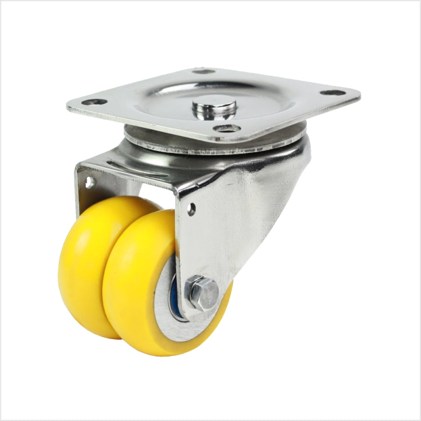Edelstahl-Lenkrolle minischwerlastrolle 50 mmm, rostfrei, mit 2 gelben Polyurethan-Rädern, und Edelstahl-Kugellagern, Radform ballig