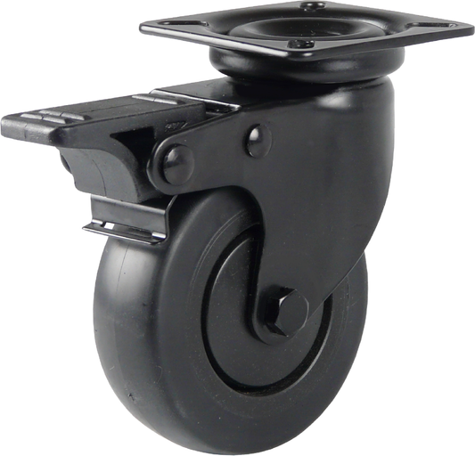 75 mm - Schwarze Lenkrolle mit Bremse und Plattenbefestigung
