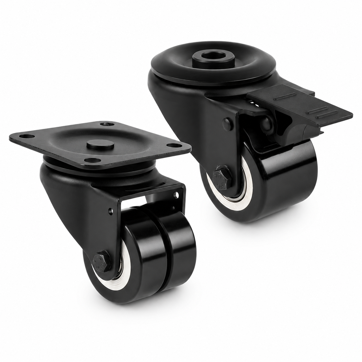 Schwarze Mini-Schwerlast-Doppelrolle 50 mm mit Polyurethan-Rädern und Lenkgabel, Kategorie schwarze Mini-Schwerlastrollen