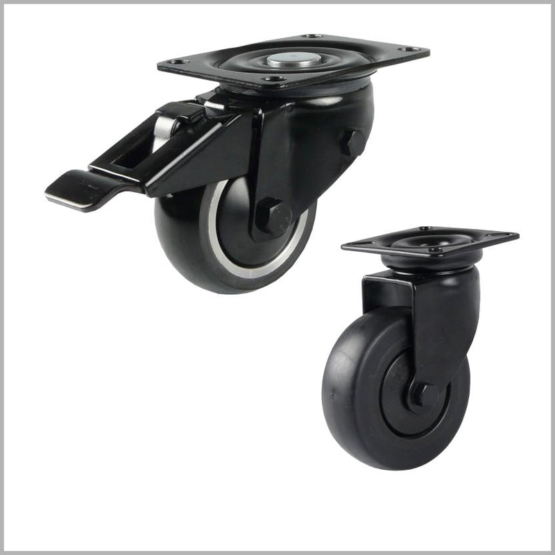 2 schwarze Rollen, eine lenkbar mit Platte, eine mit Feststeller ( Bremse )