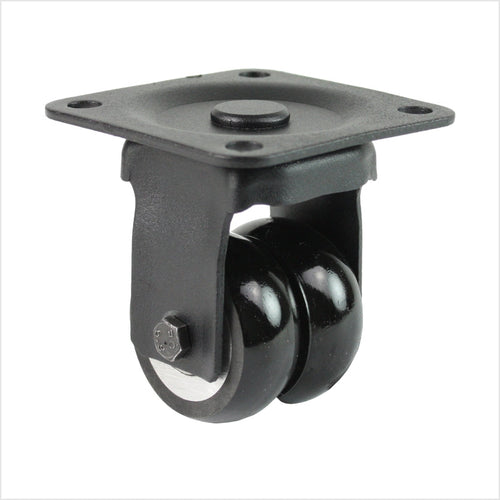 Mini-Schwerlast Doppel-Bockrolle B-MIB-691KBA mit balligen Rädern, Raddurchmesser 50 × 20 mm, kompakte Industrie-Bockrolle für hohe Traglasten und spurtreue Führung