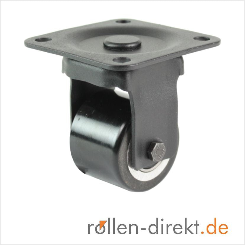 Schwarze mini-Schwerlast-Bockrolle auf weißem Hintergrund