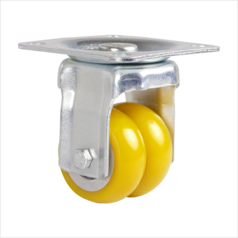 Bockrolle als miniSchwerlast-Doppelrolle mit zwei balligen Rädern 50 x 20 mm aus Polyurethan mit einer Kopfplatte als Anschraubplatte mit 4 Löchern.