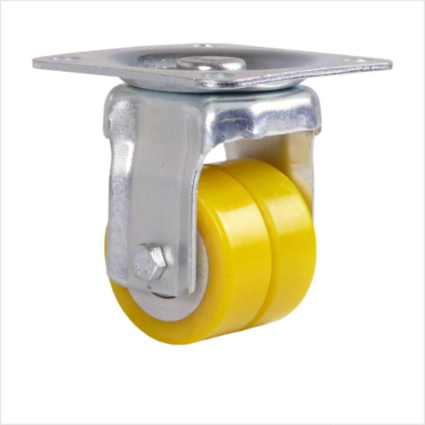 Bockrolle als Doppelrolle mit zwei flachen Rädern 50 x 20 mm aus Polyurethan mit einer Kopfplatte als Anschraubplatte mit 4 Löchern.