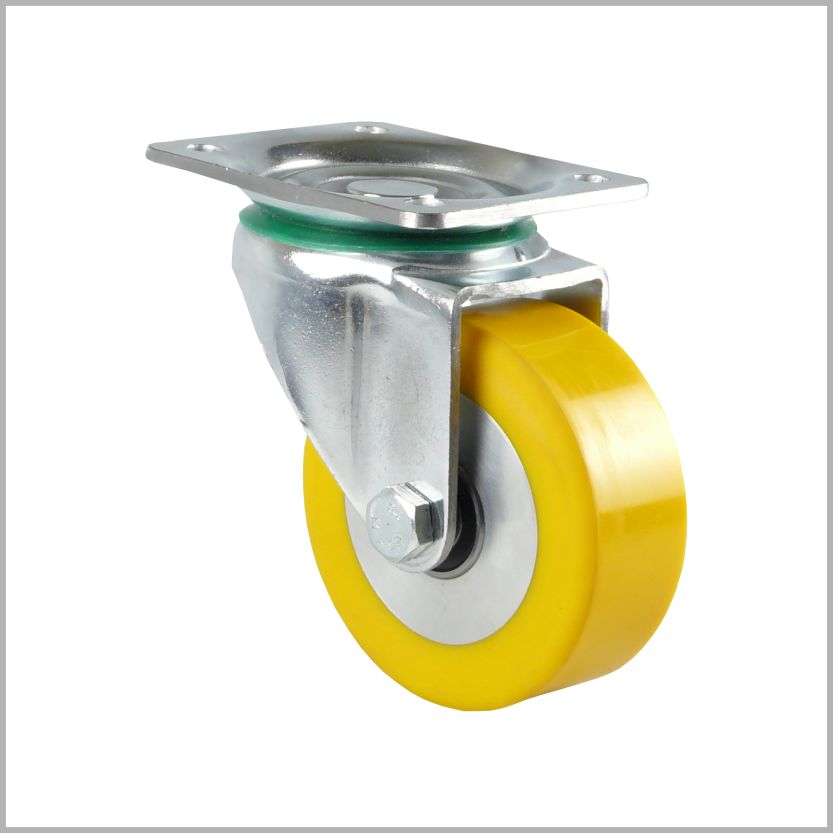 Lenkrolle für die Industrie mit gelbem Polyurethan-Rad, flacher Lauffläche und verzinktem Gehäuse.