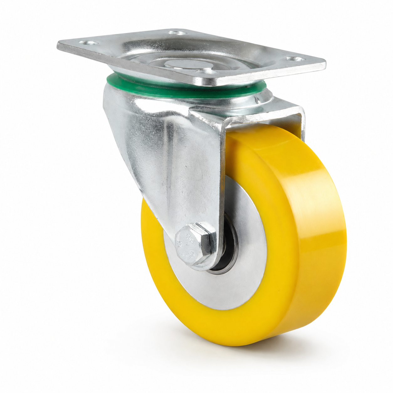 Industrie-Lenkrolle Ø 80 mm flach mit Anschraubplatte – gelbes Polyurethan-Rad