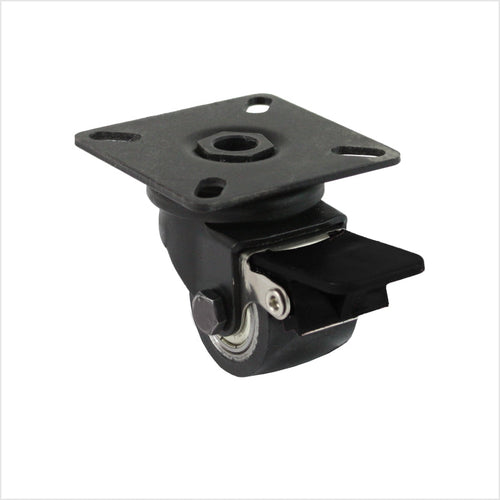Schwarze Lenkrolle mini Schwerlastrolle, schwarzes Stahlgehäuse mit Feststellbremse, schwarzes Polyurethan-rad mit 2 Kugellagern im Rad auf weißem Hintergrund.