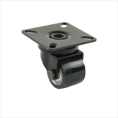 mini Lenkrolle - Schwerlastrolle - mit 35 mm Polyurethan-Rad schwarz, mit Plattenbefestigung für 4 Schrauben 6 mm, schwarz beschichtetes Gehäuse 
