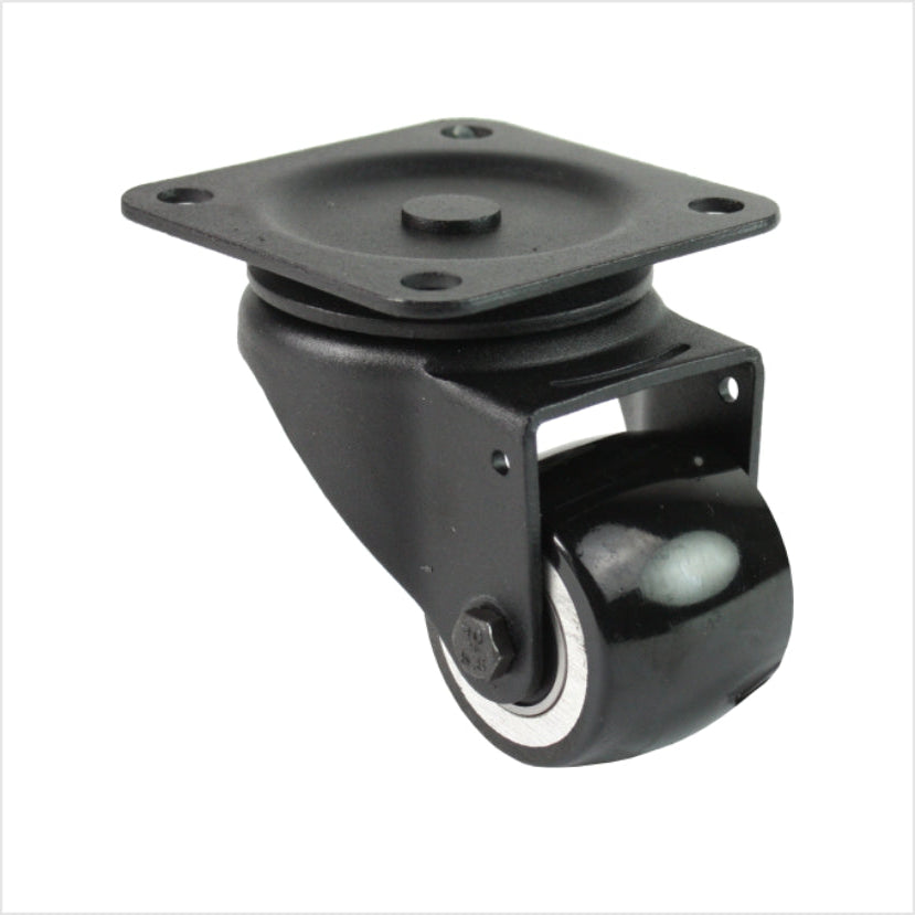 Schwarze Mini-Schwerlast Lenkrolle L-MIB-691KBA mit balligem Rad, Raddurchmesser 50 mm, kompakte Industrie-Lenkrolle für Möbel-, Laden- und Messebau