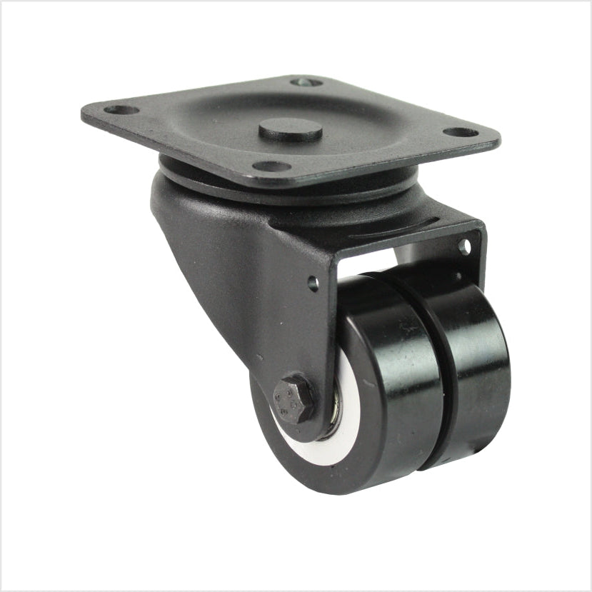 Mini-Schwerlast Doppel-Lenkrolle L-MIB-691KFL mit flachen Rädern, Platte und Feststeller, Raddurchmesser 50 × 20 mm, kompakte Industrie-Lenkrolle für hohe Traglasten