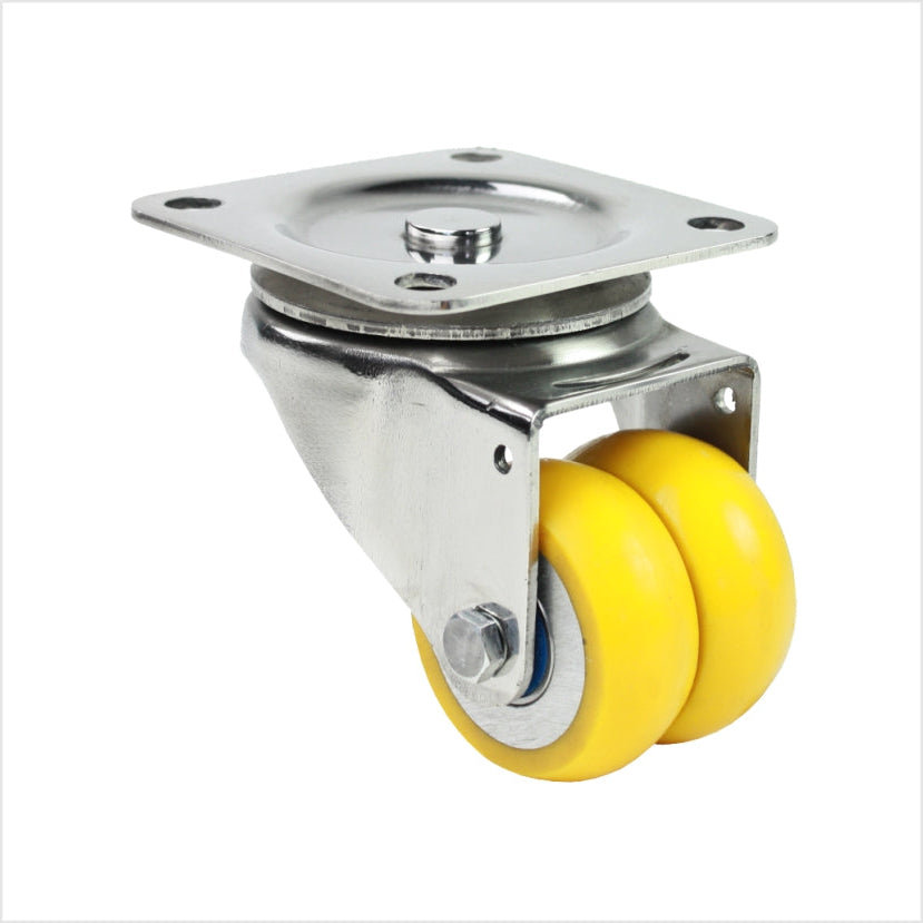 Edelstahl-Lenkrolle minischwerlastrolle 50 mmm, rostfrei, mit 2 gelben Polyurethan-Rädern, und Edelstahl-Kugellagern, Radform ballig