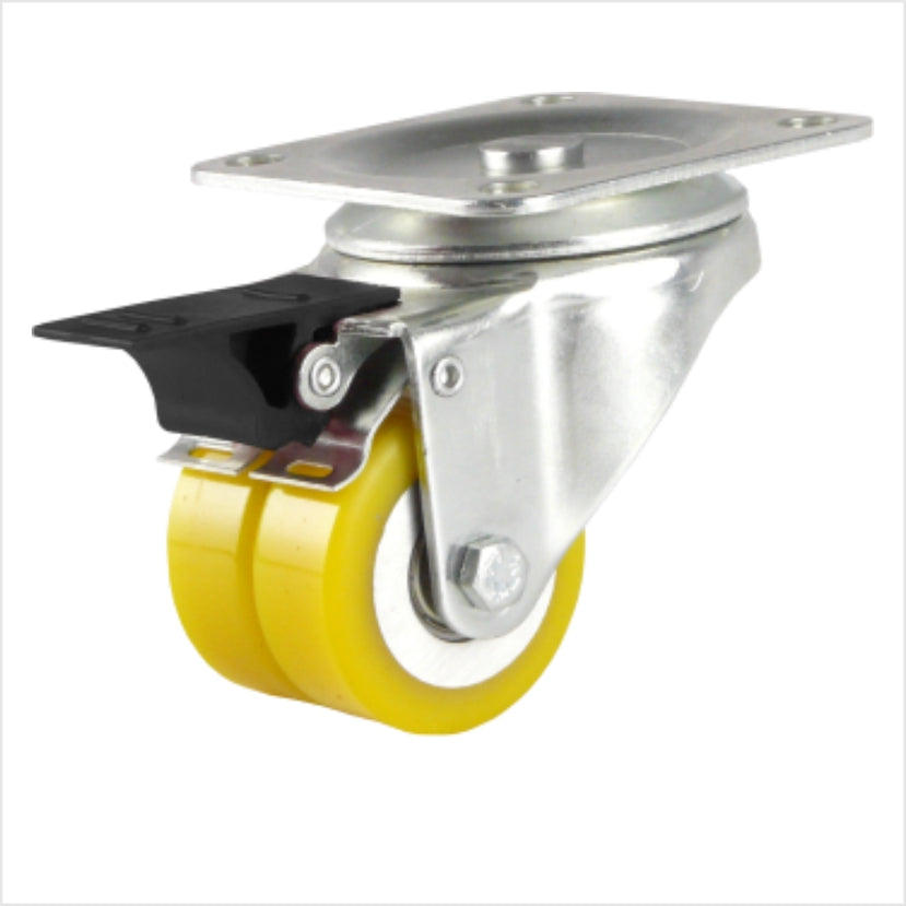 Lenkrolle mini Schwerlastrolle mit Bremse (Feststellhebel) mit zwei gelben Polyurethan-Rädern 50 x 20 mm , Radform flach, mit schwarzem Hebel, Kopfplatte für 4 Löchern