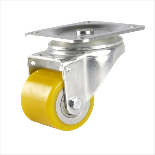 miniSchwerlast-Lenkrolle mit Platte, Radform flach, gelbes Rad mit Kugellager im verzinkten Gehäuse