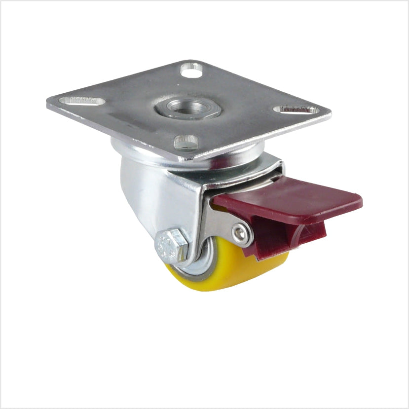 Kleine miniSchwerlastrolle mit Platte und Bremshebel als Detailsansicht auf weißem Hintergrund.