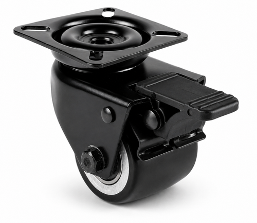 Schwarze 50 mm Mini-Schwerlast-Lenkrolle LTB-DAPS/691KBA mit Feststeller, balligem Polyurethan-Rad und Plattenbefestigung