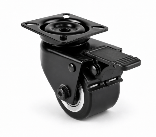 Schwarze 50 mm Mini-Schwerlast-Lenkrolle LTB-DAPS/691KFL mit Feststeller, Polyurethan-Rad und Plattenbefestigung