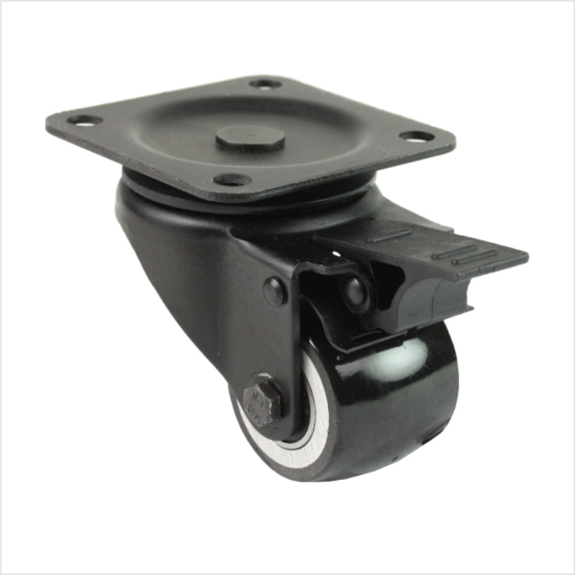 Schwarze Mini-Schwerlast-Lenkrolle LTB-MIB-691KBA mit balligem Rad und Feststeller, Raddurchmesser 50 mm, kompakte Industrie-Lenkrolle für Möbel-, Laden- und Messebau