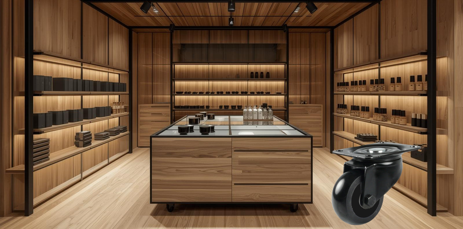 Moderner Laden aus Holz und schwarzem Stahl mit einer schwarzen Rolle im Vordergrund.