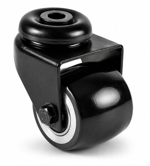 Schwarze 50 mm Mini-Schwerlast-Lenkrolle R-DAPS/691KBA mit balligem Polyurethan-Rad und Rückenlochbefestigung