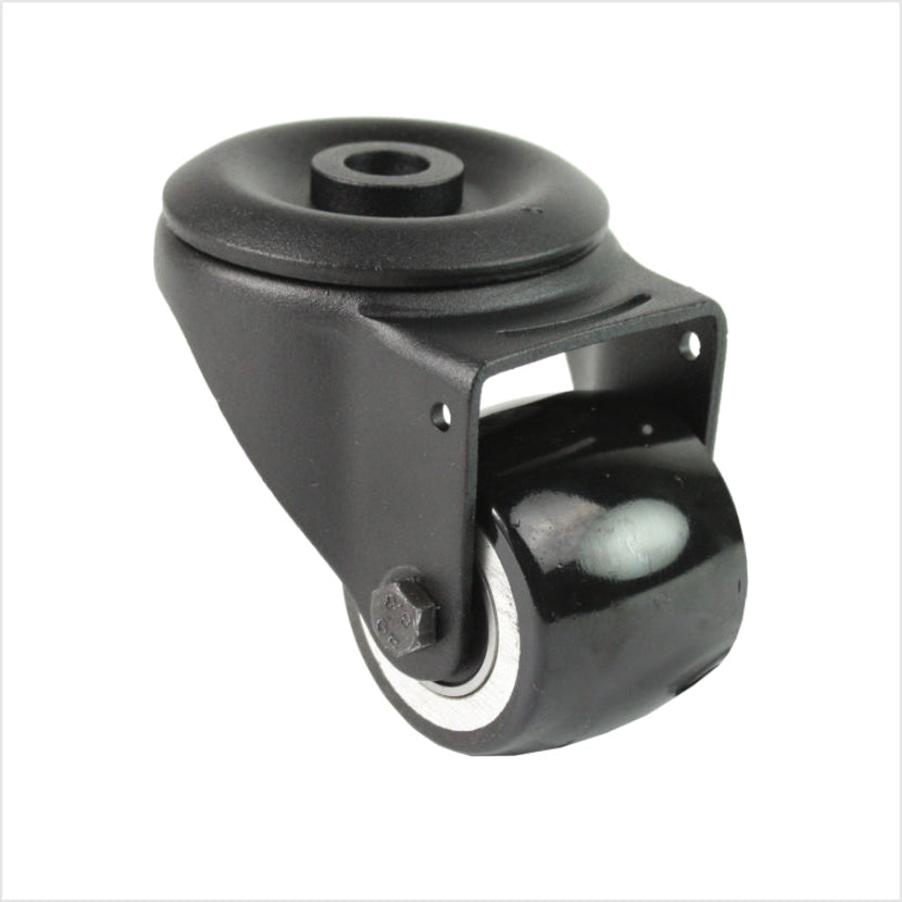 Schwarze Mini-Schwerlast-Lenkrolle R-MIB-691KBA mit balligem Rad und Rückenlochbefestigung, Raddurchmesser 50 mm, kompakte Industrie-Rolle für Möbel-, Laden- und Messebau