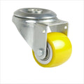 Lenkrolle mit Rückenloch, zur Befestigung mit einer Schraube und balligem Polyurethan-Rad 50 x 40 mm in gelb. Gehäuse verzinkt.