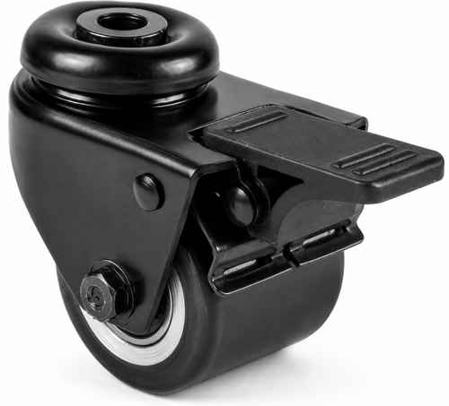 Schwarze 50 mm Mini-Schwerlast-Lenkrolle RTB-DAPS/691KFL mit Feststeller, Polyurethan-Rad und Rückenlochbefestigung