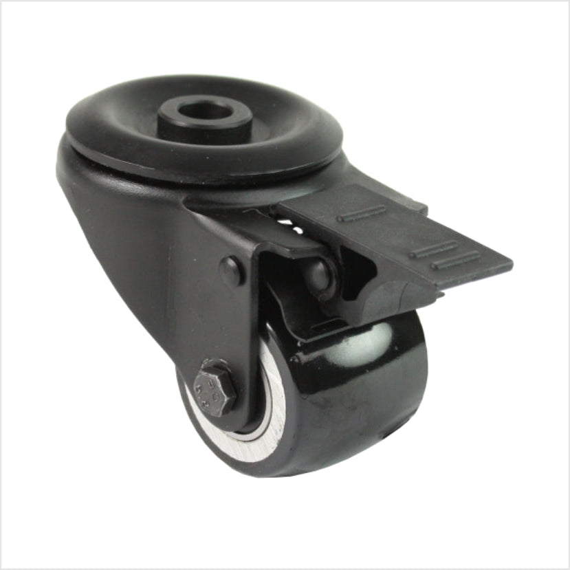 Schwarze Mini-Schwerlast-Lenkrolle RTB-MIB-691KFL mit balligem Rad, Rückenlochbefestigung und Feststeller, Raddurchmesser 50 mm, kompakte Industrie-Rolle für Möbel-, Laden- und Messebau