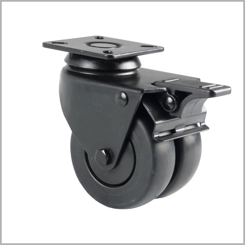 75 mm - Schwarze Doppel-Lenkrolle mit Plattenbefestigung und Totalfeststeller