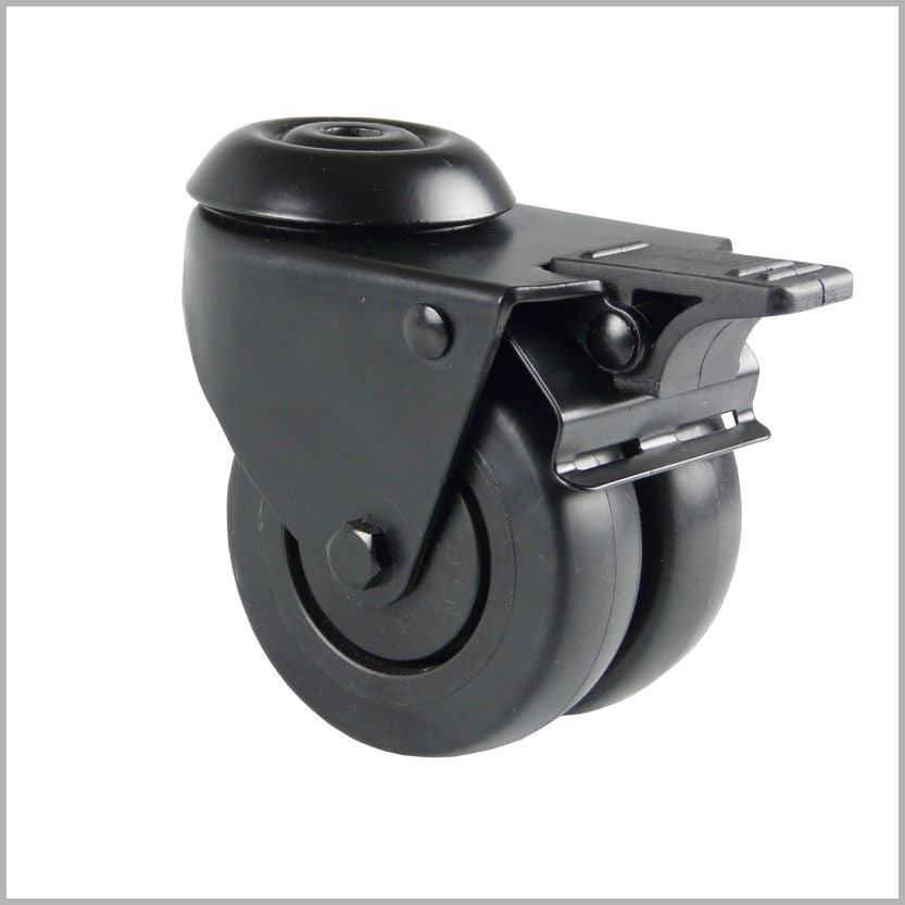 75 mm - Schwarze Doppel-Lenkrolle mit Rückenlochbefestigung und Totalfeststeller