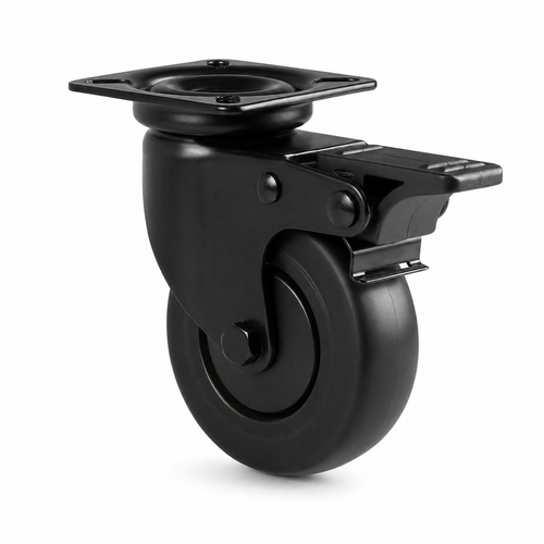 Schwarze Lenkrolle 75 mm mit Feststeller – Gummi, spurfrei für Möbel & Interior
