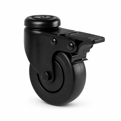 Schwarze Lenkrolle 75 mm mit Rückenloch & Totalfeststeller – Gummi, spurfrei