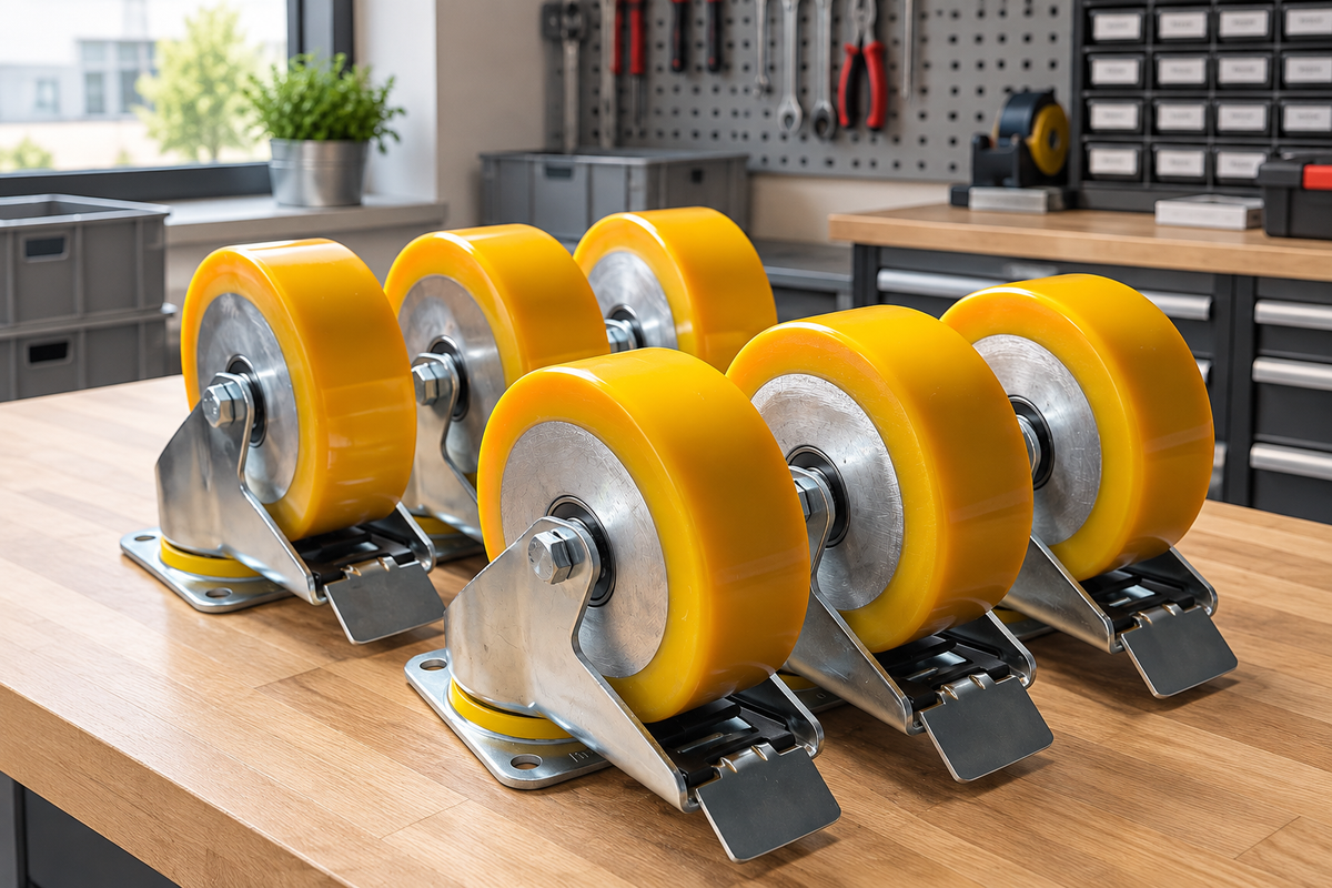 Sechs Lenkrollen mit Feststeller, PU-Rad gelb 150 × 50 mm auf Aluminium-Vollkern, Serie 690