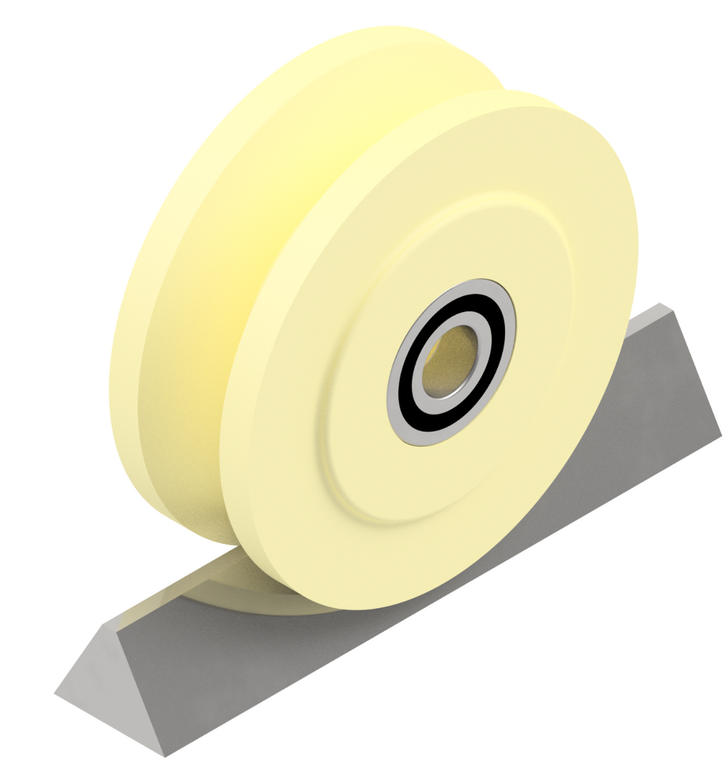 Winkelprofil oder V-Nut Rolle aus Polyamid für eine Führungsschiene mit einem Winkel. 