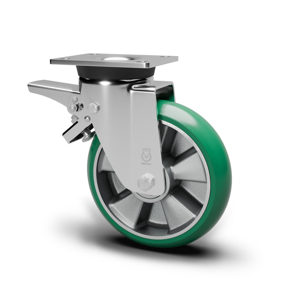 Schwerlast-Lenkrolle mit Feststeller 150 mm mit balligem Polyurethan-Rad grün, Stahl verzinkt
