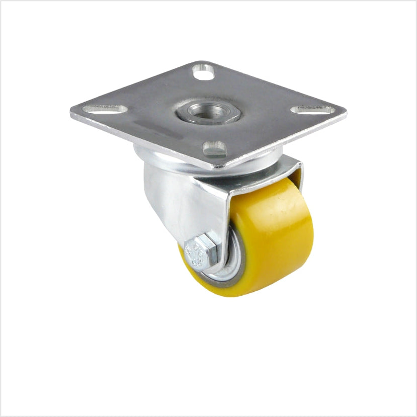 mini-Schwerlast-Lenkrolle mit gelbem Rad mit Durchmesser 35 mm.