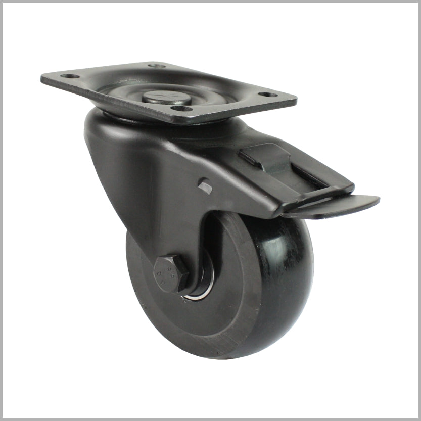 Schwarze Lenkrolle 125 mm mit Feststeller, balligem PU-Rad und DIN-Platte 105x80 mm