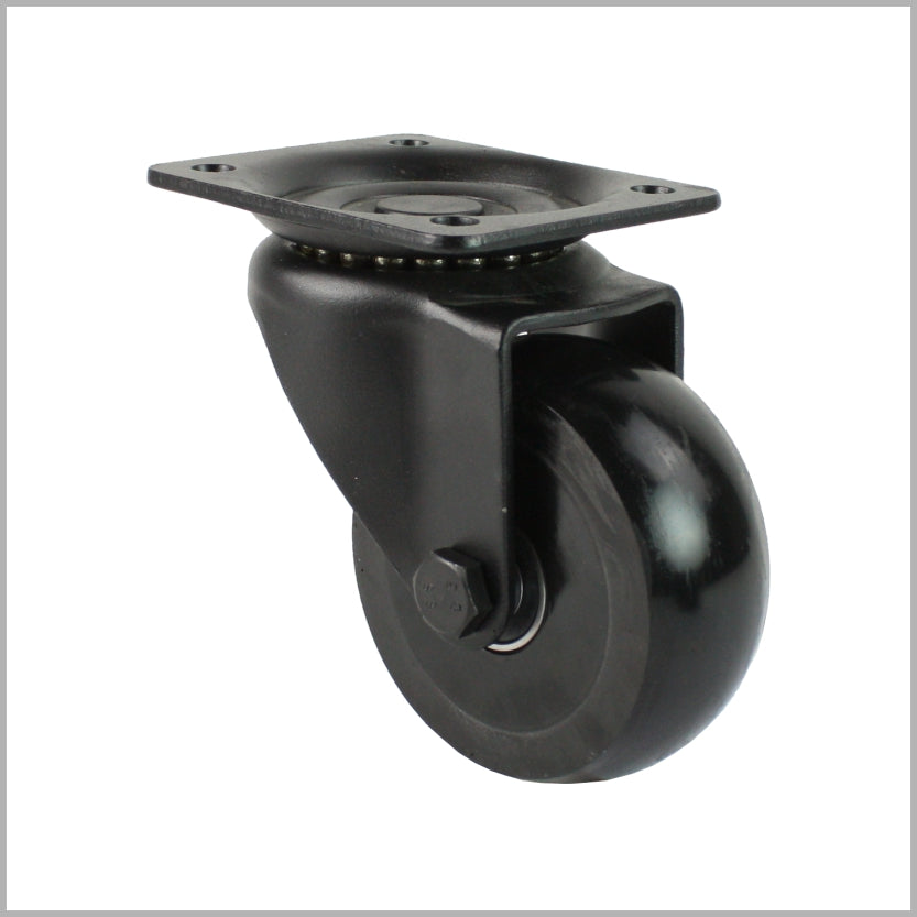 Schwarze Lenkrolle 125 mm mit balligem Polyurethanrad, Kugellager und DIN-Platte 105x80 mm