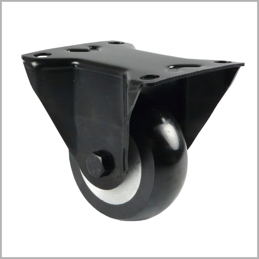 Schwarze Schwerlast-Bockrolle 100 mm mit balligem Polyurethanrad und Kugellager