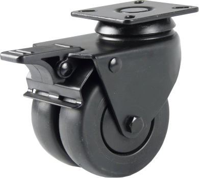 75 mm - Schwarze Doppel-Lenkrolle mit Plattenbefestigung und Totalfeststeller