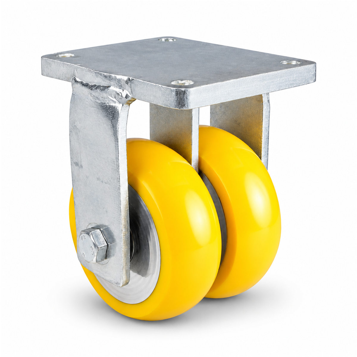 Schwerlast-Bockrolle Ø 150 mm Doppelrad, Polyurethan gelb ballig, verzinktes Stahlgehäuse, 1500 kg – B-MGGS/690KBA/150/50