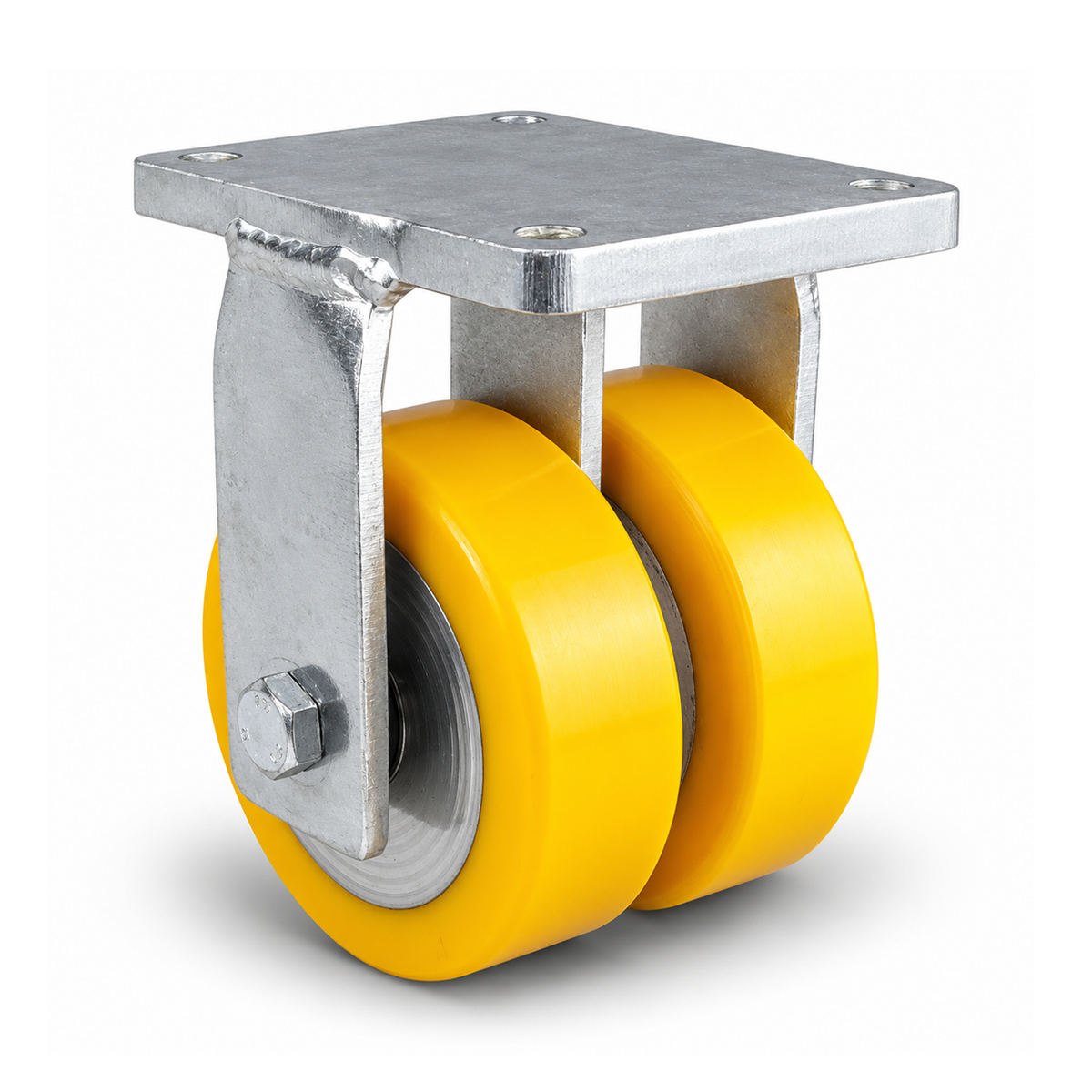 Schwerlast-Bockrolle Ø 250 mm Doppelrad, Polyurethan gelb flach, verzinktes Stahlgehäuse, 2500 kg – B-MGGS/690KFL/250/50