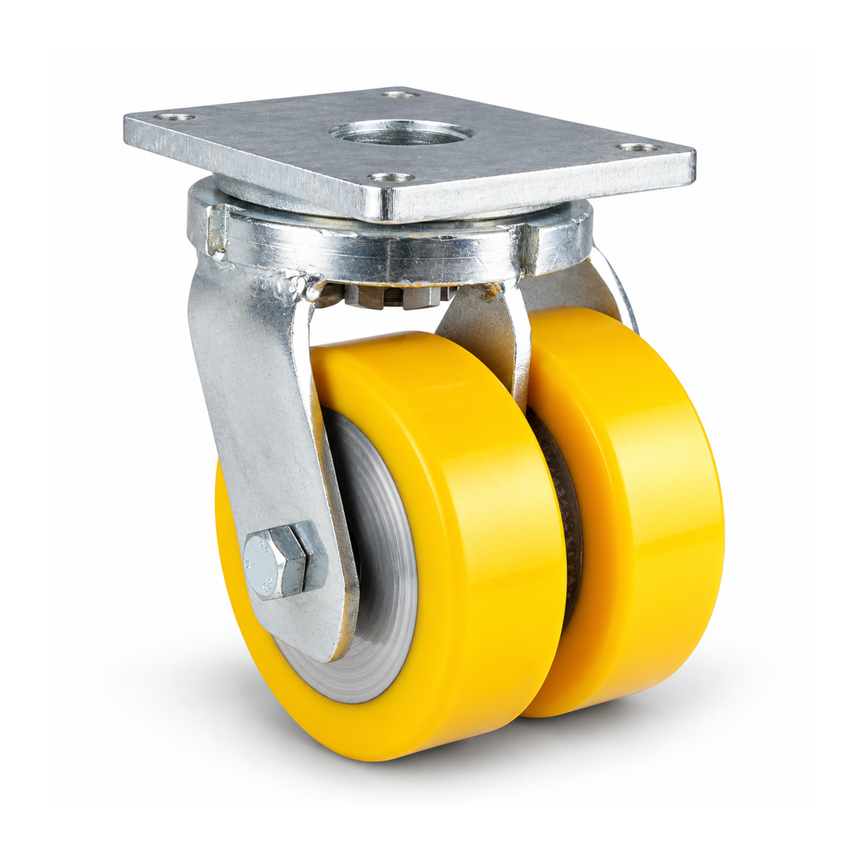Schwerlast-Lenkrolle Ø 125 mm Doppelrad, Polyurethan gelb flach, verzinktes Stahlgehäuse, 1000 kg – L-MGGS/690KFL/125/45