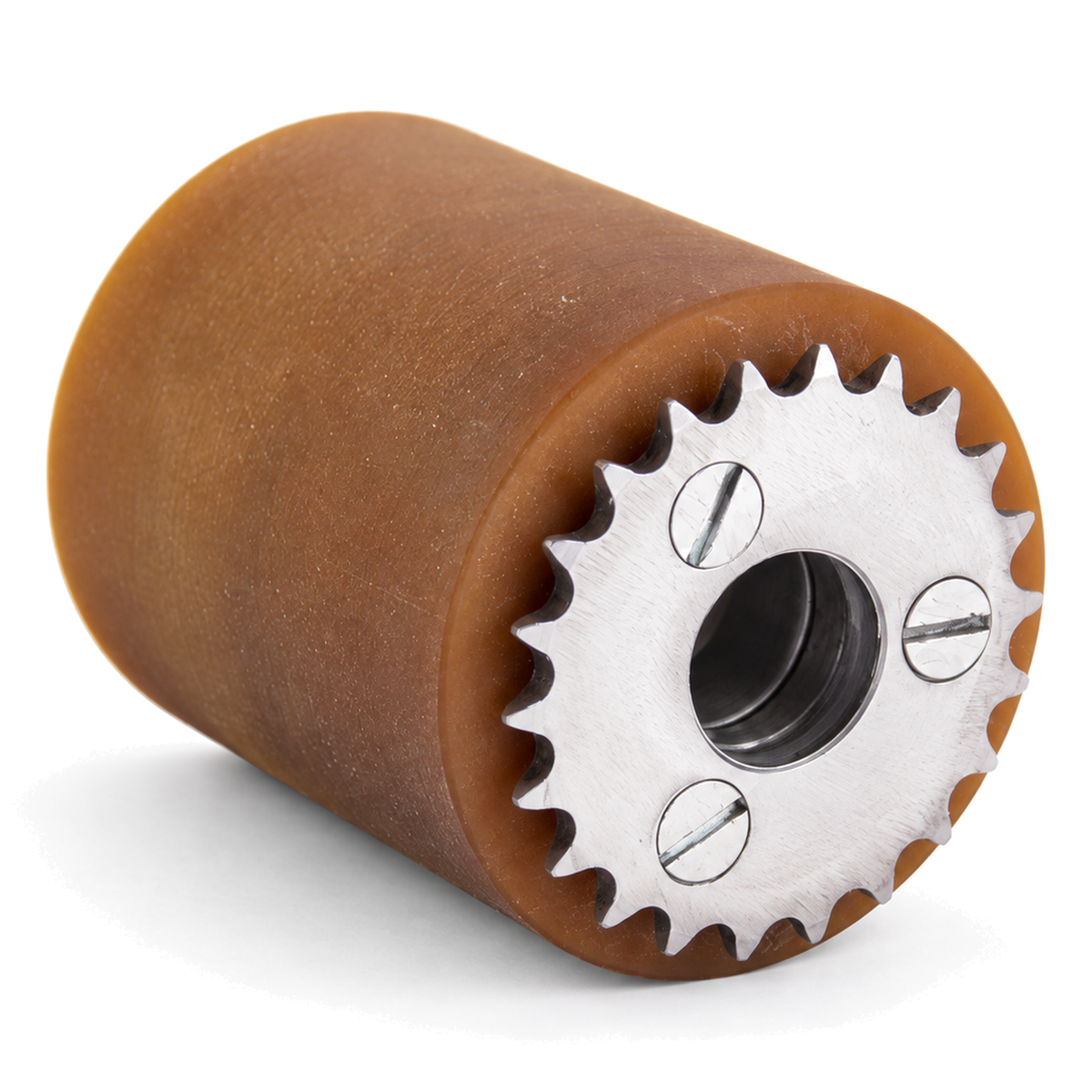 Vulkollan-Antriebsrolle Ø 50 × 40 mm mit stirnseitig verschraubtem Kettenrad, Stahlkern und Kugellager mit 12 mm Bohrung