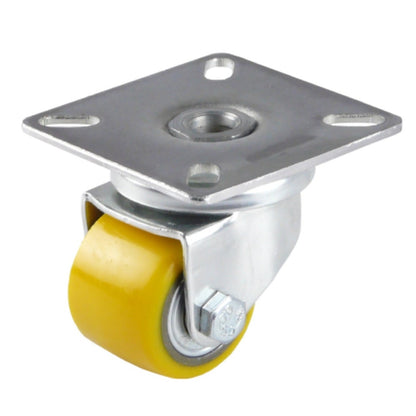 35 mm mini Schwerlastrolle mit gelbem Rad und verzinktem Gehäuse vor weißem Hintergrund